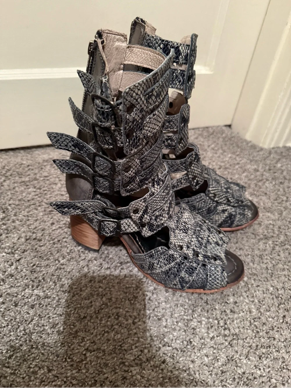Freebird by Steven Snake-Print Cutout Strappy Knee Boots - Black/Gray